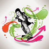 EPS 10 Vector illustration about a young urban dweller looking tough with splash and arrows. High speed internet surfing. Used transparencies, opacityes and simple gradients. Easy to edit. RGB color mode. (include AI-CS3, EPS10, JPEG 2800x2800px)