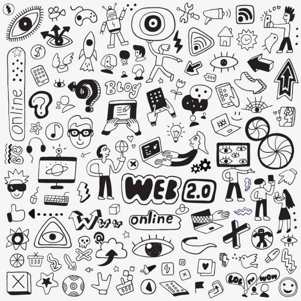 internet technology doodle set computer,symbol,freelance work,cartoon,social media eye drawings stock illustrations