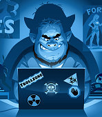 Vector illustration of a troll with a neckbeard sitting in his dark room decorated with posters and action figures, using a laptop, probably posting comments on social media or playing video games. Concept for online trolling, cyberbullying, online harassment, social media, fake news, communication, nerds, computer hacking and video games.