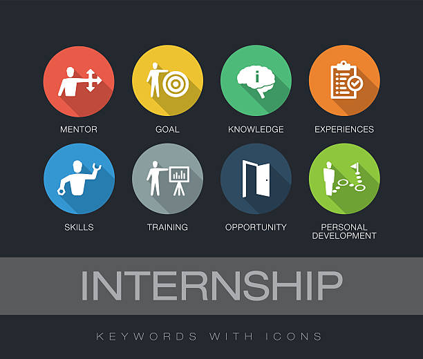 Internship chart with keywords and icons. Flat design with long shadows