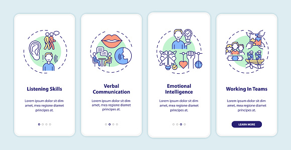 Interpersonal skill self assessment categories onboarding mobile app page screen with concepts. Walkthrough 4 steps graphic instructions. UI, UX, GUI vector template with linear color illustrations