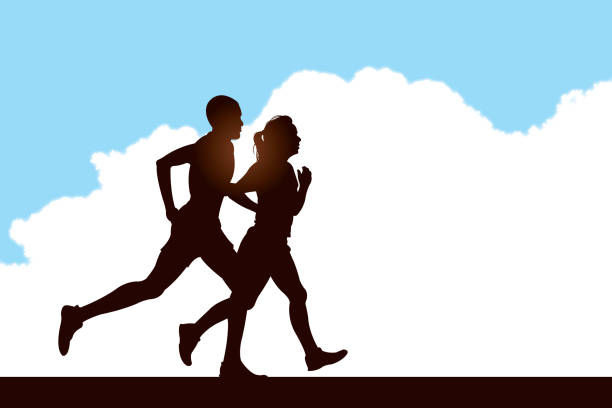 Interracial Couple Jogging Background Graphic silhueta illustration of a Interracial Couple Jogging Background. Proportioned for social media. running silhouettes stock illustrations