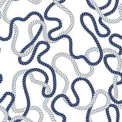 Intertwining Nautical Blue and White Ropes on White Background Vector Seamless Pattern. Trendy Marine Background. Sea, Ocean Elements.