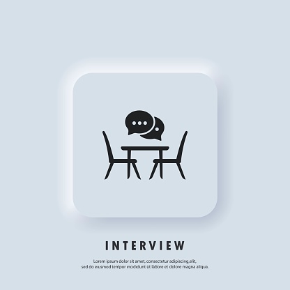Interview icon. Conference meeting room, board flat icon. Concilium icon, business meeting. Office desk, chairs with a speech bubble. People sitting at the table. Vector. Neumorphic UI UX