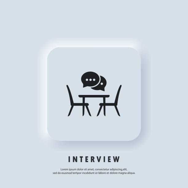 Interview icon. Conference meeting room, board flat icon. Concilium icon, business meeting. Office desk, chairs with a speech bubble. People sitting at the table. Vector. Neumorphic UI UX Interview icon. Conference meeting room, board flat icon. Concilium icon, business meeting. Office desk, chairs with a speech bubble. People sitting at the table. Vector. Neumorphic UI UX interview stock illustrations