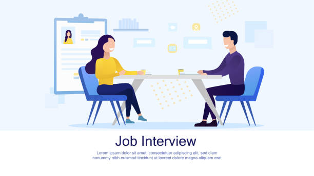 Interview, Negotiation, Meeting Flat Landing Page Mockup. Man and Woman Having Business Conversation. HR Manager and Job Seeker. Flat Vector Illustration Interview, Negotiation, Meeting Flat Landing Page Mockup. Man and Woman Having Business Conversation. HR Manager and Job Seeker. Flat Vector Illustration job interview stock illustrations