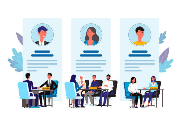 HR interview of different candidates - banner poster with people HR interview of different candidates - banner poster with cartoon business people behind desk interviewing job applicants. Flat isolated vector illustration. interview stock illustrations