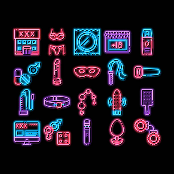 stockillustraties, clipart, cartoons en iconen met intim shop sex toys neon gloed pictogram illustratie - vibrator