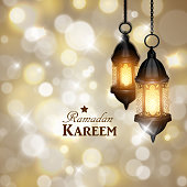 Intricate Arabic lamps with lights for Ramadan Kareem on golden magical bokeh background vector