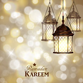 Intricate Arabic lamps with lights for Ramadan Kareem on golden magical bokeh background vector