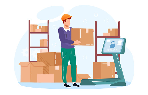 Metaphor vector concept. Inventory management with goods demand and stock supply planning. Goods collection according to the client order in pick point. Distribution, shipping production resources.