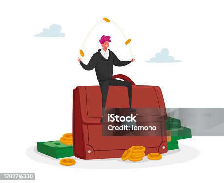 istock Invest Portfolio, Stock Market Trading Concept. Tiny Investor Male Character Sit at Huge Briefcase Juggling with Coins 1282216330