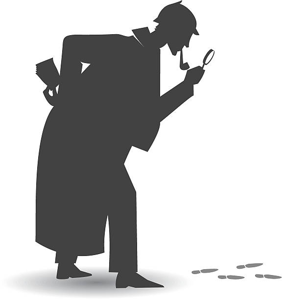 Investigator silhouette Illustration of a detective Silhouette following some footpath, with a magnifier glass. the investigator is a whole vector shape. sherlock holmes stock illustrations