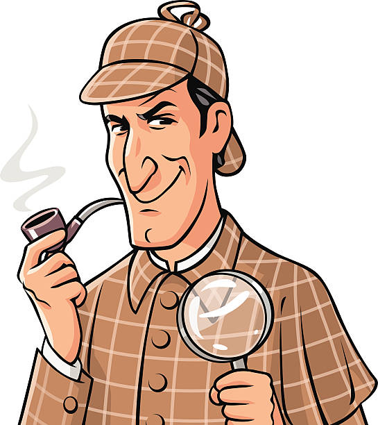 Investigator With Pipe And Magnifying Glass Illustration of the famous british private investigator Sherlock Holmes holding a magnifying glass and a pipe, isolated on white.  EPS 10. sherlock holmes stock illustrations