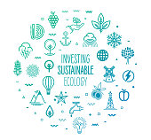 Investing sustainable ecology outline style symbols on modern gradient background. Line vector icons for infographics, mobile and web designs.