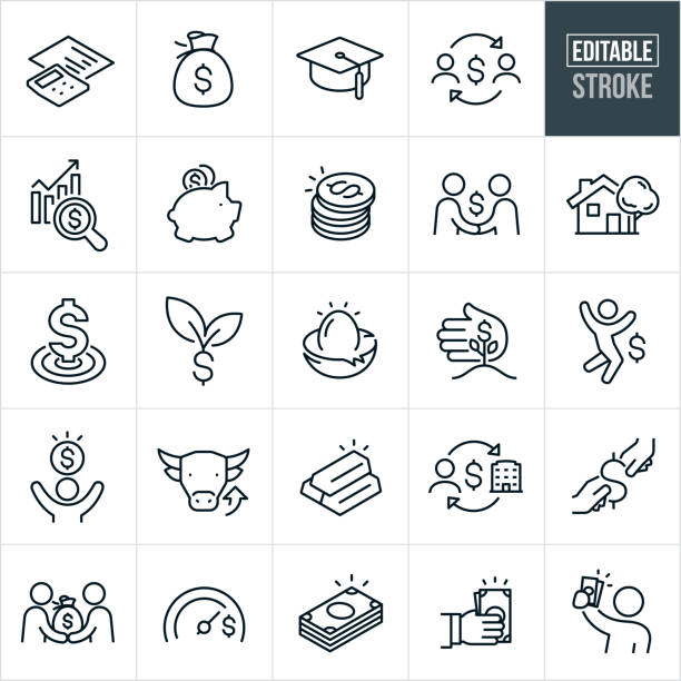 Investing Thin Line Icons - Editable Stroke A set of investing icons that include editable strokes or outlines using the EPS vector file. The icons include a calculator next to a paper with financial charts, money bag full of money, graduation cap to represent education investment, investing chart, rising investment values, piggy bank, coins, handshake, real estate, money in bullseye, dollar sign growing, nest egg, person jumping for joy over investments, bull market, gold, business investment, financial goal meter, stack of cash, person receiving investment returns and others. nest egg stock illustrations