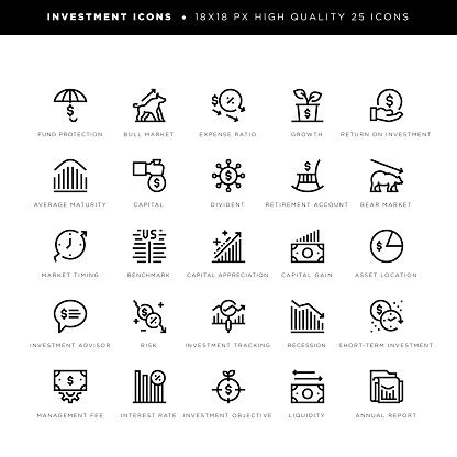 18 x 18 pixel high quality editable stroke line icons. These 25 simple modern icons are about investment and include icons of fund protection, bull market, expense ratio, growth, return on investment, average maturity, dividend, retirement account, bear market, market timing, benchmark, capital appreciation, capital gain, asset location, investment advisor, risk, investment tracking, recession, short-term investment, management fee, interest rate, investment objective, liquidity, annul report etc.