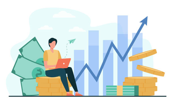 Investor with laptop monitoring growth of dividends Investor with laptop monitoring growth of dividends. Trader sitting on stack of money, investing capital, analyzing profit graphs. Vector illustration for finance, stock trading, investment concept business drawings stock illustrations