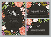 Invitation and universal card design set with floral wreath. Wedding templates. Good for birthday, menu, bridal and baby shower. Vector file.