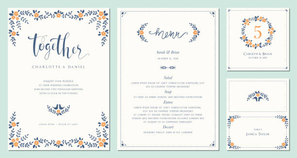 Invitation and Card Design Set_09 Invitation, menu, table number and name place card design.  Floral wedding templates. Good for birthday, bridal and baby shower. Vector illustration. wedding drawings stock illustrations