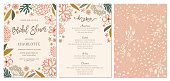 Rustic hand drawn Bridal Shower invitation and menu with seamless background. Vector illustration.