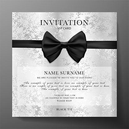 Invitation black tie (Gift certificate or Voucher) template with luxurious black bow, ribbon on black textured background