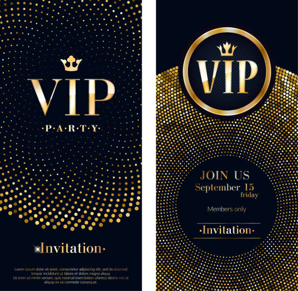 VIP invitation card premium design template. VIP club party premium invitation card poster flyer. Black and golden design template. Sequins and circles pattern decorative vector background. award patterns stock illustrations