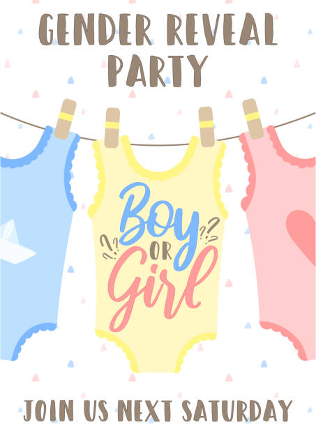 Invitation card template with pink, yellow and blue babygro and an inscription Boy or girl. Vector illustration for Gender reveal party. Сoncept of holiday, pregnancy, motherhood Invitation card template with pink, yellow and blue babygro and an inscription Boy or girl. Vector illustration for Gender reveal party. Сoncept of holiday, pregnancy, motherhood pregnant borders stock illustrations