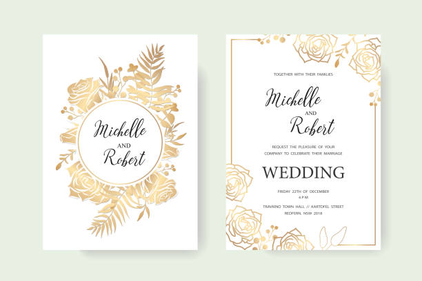 invitation gold set Wedding invitation, floral invite thank you. Label card vector floral design. Golden foil print pattern of forest leaves, palm, fern fronds, eucalyptus branches. Vector elegant template anniversary borders stock illustrations