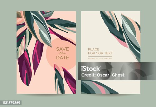 istock Invitation in modern style. Hand-drawn tropical leaves on a pink background. 1131879869