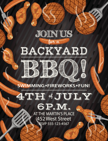 BBQ vertical invitation Template On A Chalkboard Base.  There are hotdogs, hamburgers and chicken legs cooking forming a framed border around the outside of the poster.  There are bbq forks piercing chicken legs and spatula lifting a hamburger.  the text is written in the middle. vector
