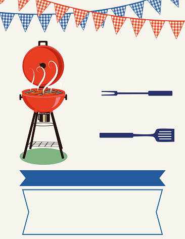 Barbecue party invite background with grill and checkered flags. Elements can be released from clipping mask to edit.