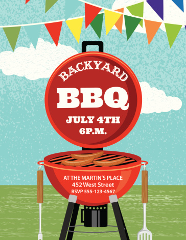 4Th of July BBQ vertical Invitation Template on a blue sky with clouds and grass background.  Across the top there are multicoloured pennant flags with a red retro bbq with an open lid and three hotdogs on the grill.  The text is written on the lid and body of the bbq.  There is a bbq fork and spatula hanging on each side of the bbq. vector