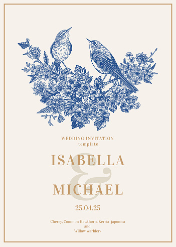 Invitation with birds and flowers.