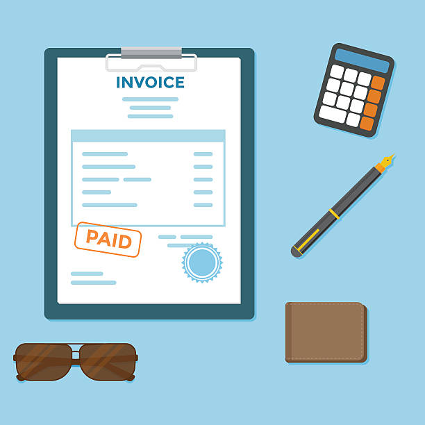 Invoice Bill Invoice paper bill with wallet and calculator paid stamp stock illustrations