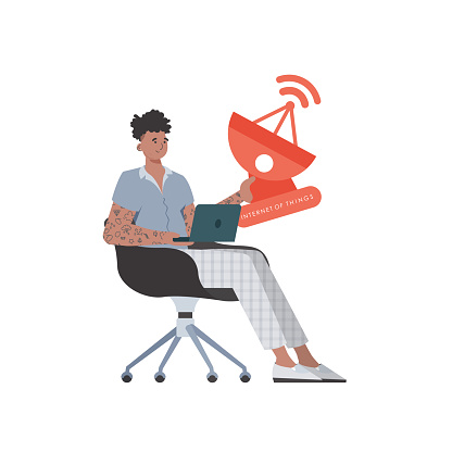 IoT concept. The guy is holding a satellite dish in his hands. Isolated on white background. Vector illustration in flat style.