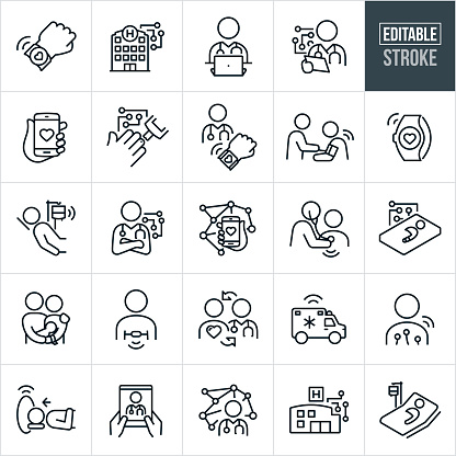 A set of IoT, or Internet of Things in Healthcare icons. The icons have editable strokes or outlines when using the vector file format. The icons include smart devices, smartwatch, fitness tracker, hospital with IoT controlled devices, doctor at laptop computer, smartphone displaying medical data on screen, smart devices used in healthcare, medical information being relayed from a device to a doctor, blood pressure check, a patient being monitored remotely by his physician, a network of IoT devices, person getting heart check with stethoscope, patient in be being monitored, mother with newborn in hospital, person with heart-rate monitor relaying information through the internet, connected devices, a MRI machine using IoT at the hospital and other related icons.
