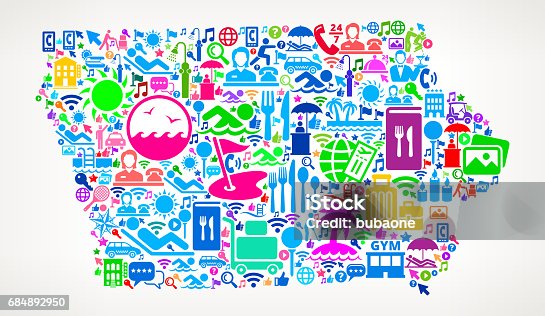 istock Iowa Resort Hotel and Hospitality Industry Icons Background 684892950