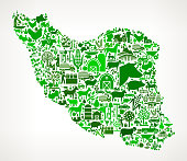 Iran Icon . The green vector icons create a seamless pattern and include popular farming and agriculture. Farm house, farm animals, fruits and vegetables are among the icons used in this file. The icons are carefully arranged on a light background and vary in size and shades of green color.