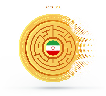 Iranian rial vector icon illustration for central bank digital currency, digital fiat currencies, digital base money, virtual currency, or cryptocurrency concepts.