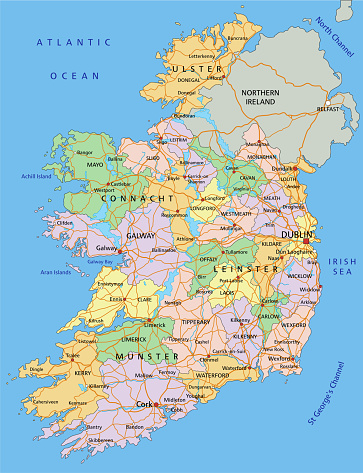 Ireland - Highly detailed editable political map with labeling.