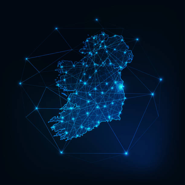 Ireland map glowing silhouette outline made of stars lines dots triangles, low polygonal shapes Ireland map glowing silhouette outline made of stars lines dots triangles, low polygonal shapes. Communication, internet technologies concept. Wireframe futuristic design. Vector illustration northern ireland stock illustrations