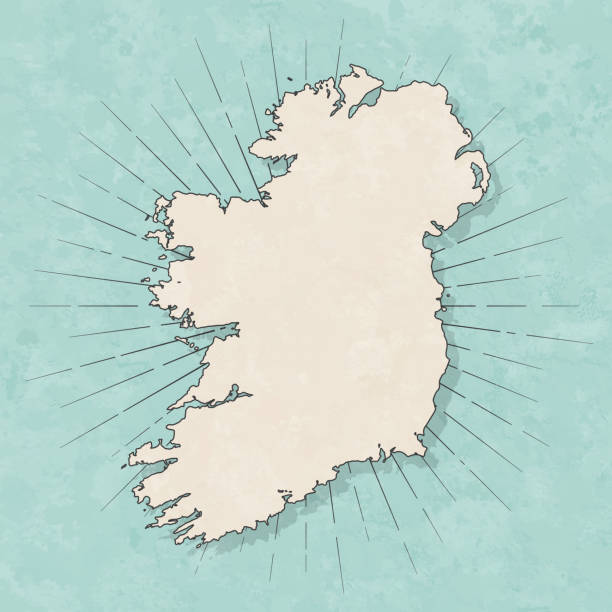 Ireland map in retro vintage style - Old textured paper Map of Ireland in a trendy vintage style. Beautiful retro illustration with old textured paper and light rays in the background (colors used: blue, green, beige and black for the outline). Vector Illustration (EPS10, well layered and grouped). Easy to edit, manipulate, resize or colorize. hse ireland stock illustrations