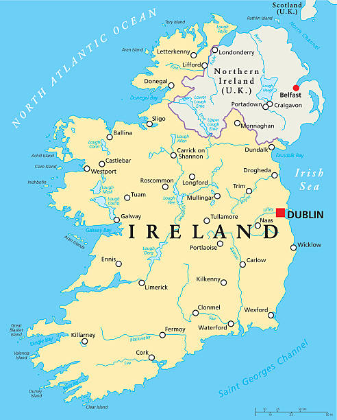 Ireland Political Map Ireland Political Map with capital Dublin, national borders, most important cities, rivers and lakes. English labeling and scaling. Illustration. hse ireland stock illustrations