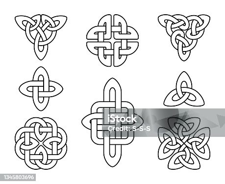 istock Irish celtic knots. Slavic mystic knot emblems, linear vector gaelic pagan circle destiny and trefoil unity symbols, celt england scottish spirit design elements 1345803696