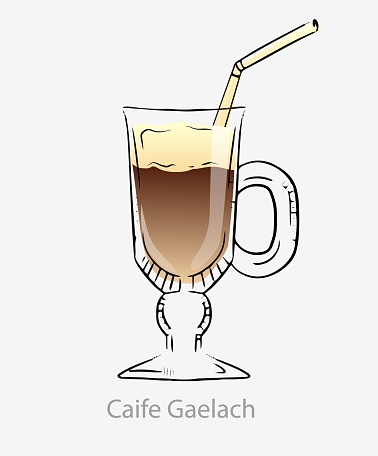 Irish coffee cocktail. Alcoholic caife gaelach brown cocktail with cream based hot black coffee.
