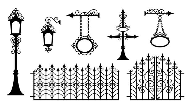Iron fence with gates, signboards, lanterns and pointers. Vector Iron fence with gates, signboards, lanterns and pointers. Metal entrance, street lights and signs in vintage style. Beautiful and sophisticated forged design elements. Isolated silhouette. Vector door silhouettes stock illustrations