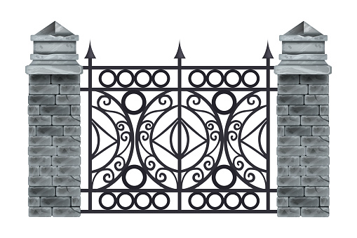 Iron wrought fence vector illustration, old ornate black steel frame, stone brick pillars, isolated on white.