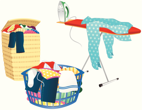 Ironing board, clothes hamper and washing basket