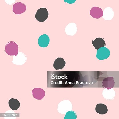 istock Irregular polka dot drawn by hand with rough brush. Simple seamless pattern. Grunge, sketch, watercolor. Pink, blue, black, purple, white. 1126107495